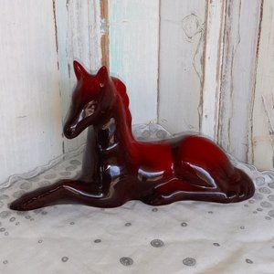 Vintage Canadian Pottery Red & Brown Laying Horse Figurine